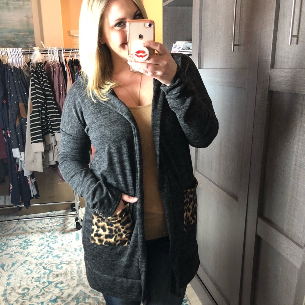 Low Stock! S-M Charcoal hoodie w/ leopard pockets - Picture 3 of 5